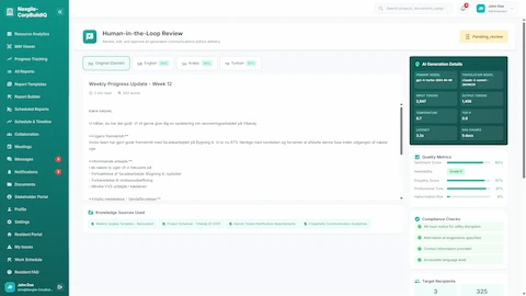 Illustrative preview (sample data, not verified outcomes): Human-in-the-Loop Review - Multilingual content preview with quality metrics, compliance checks, and AI generation details