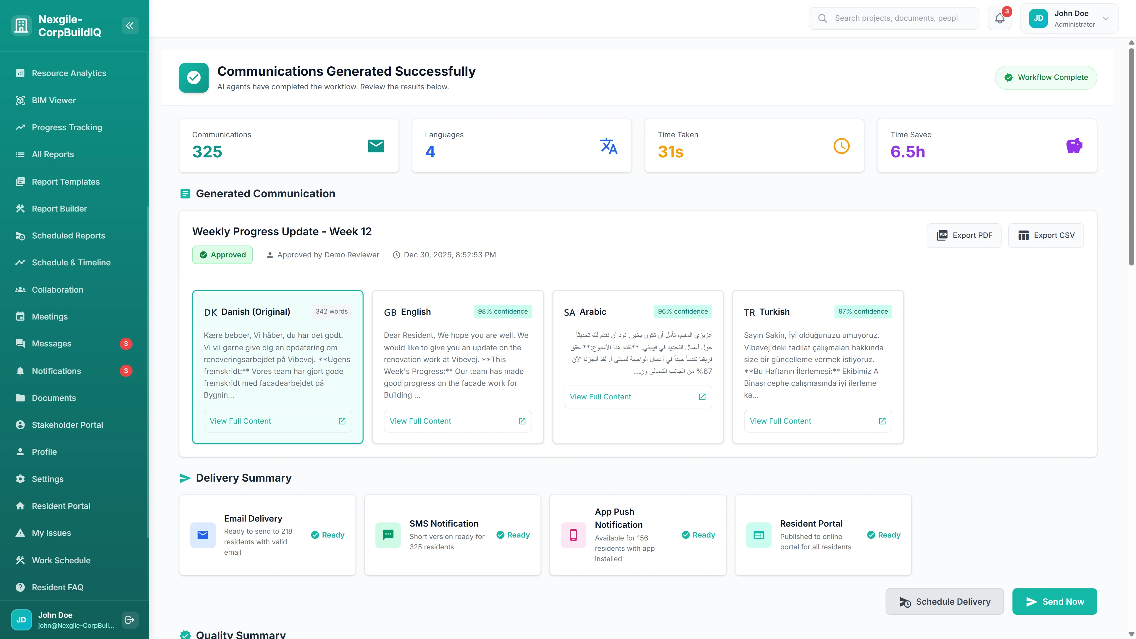 Illustrative preview (sample data, not verified outcomes): Communications Generated Successfully - Multi-language translations with delivery summary for email, SMS, app push, and portal