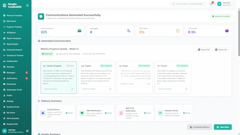 Illustrative preview (sample data, not verified outcomes): Communications Generated Successfully - Multi-language translations with delivery summary for email, SMS, app push, and portal