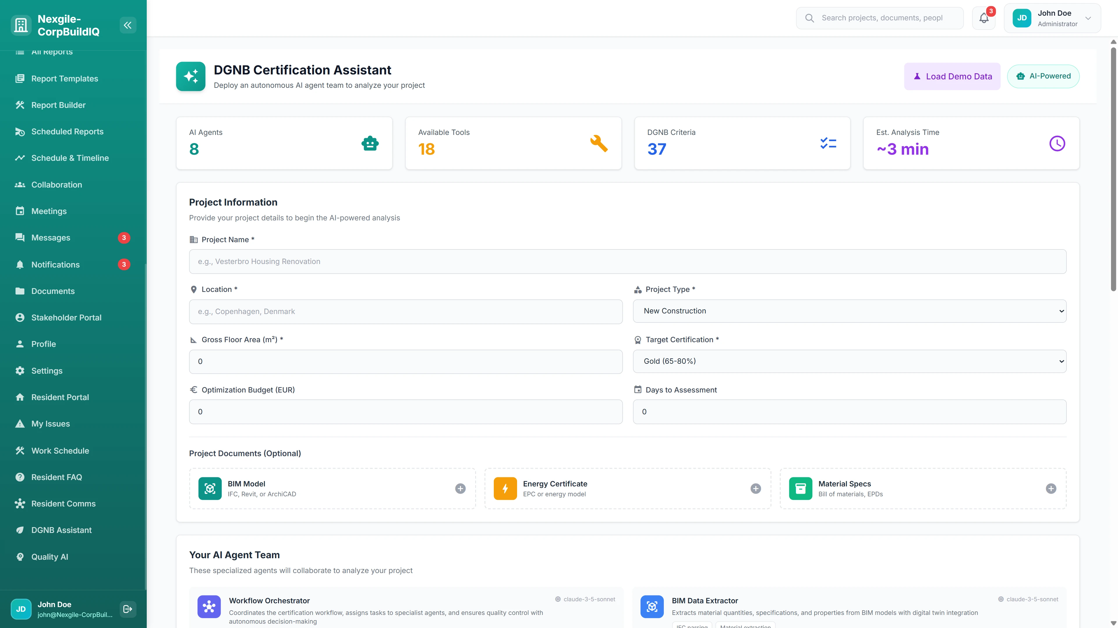Illustrative preview (sample data, not verified outcomes): DGNB Certification Assistant - Project setup with AI agent team, BIM model upload, and target certification level selection
