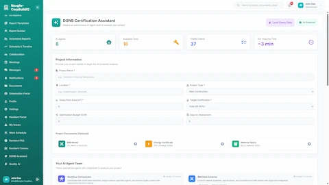 Illustrative preview (sample data, not verified outcomes): DGNB Certification Assistant - Project setup with AI agent team, BIM model upload, and target certification level selection