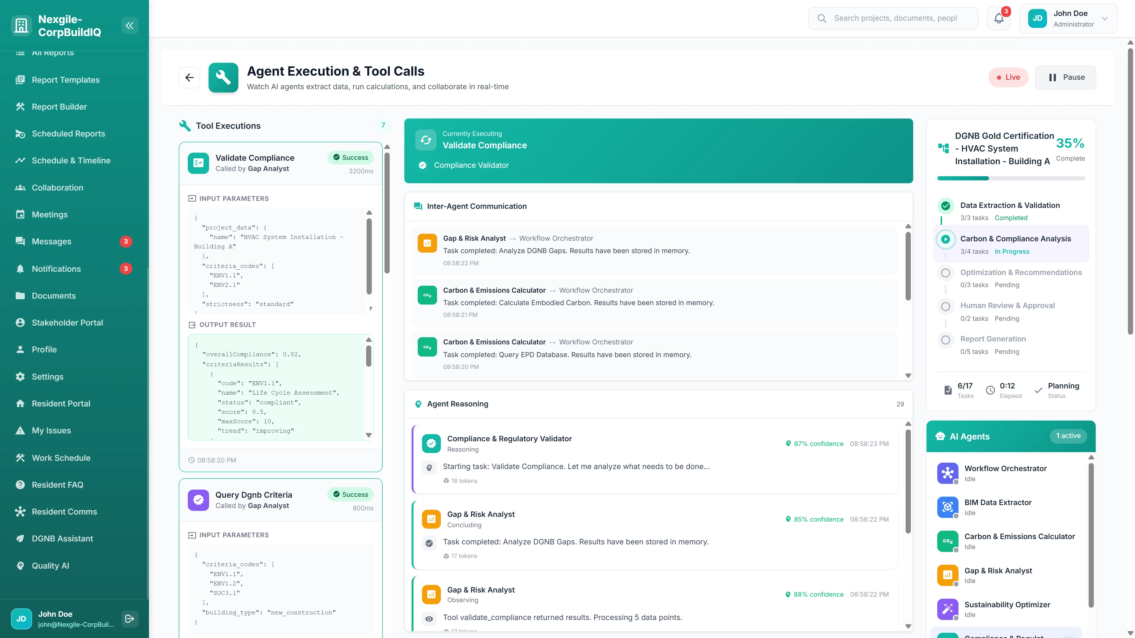 Illustrative preview (sample data, not verified outcomes): Agent Execution & Tool Calls - Live compliance validation with inter-agent communication and workflow progress tracking