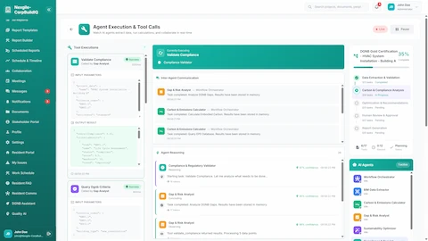 Illustrative preview (sample data, not verified outcomes): Agent Execution & Tool Calls - Live compliance validation with inter-agent communication and workflow progress tracking