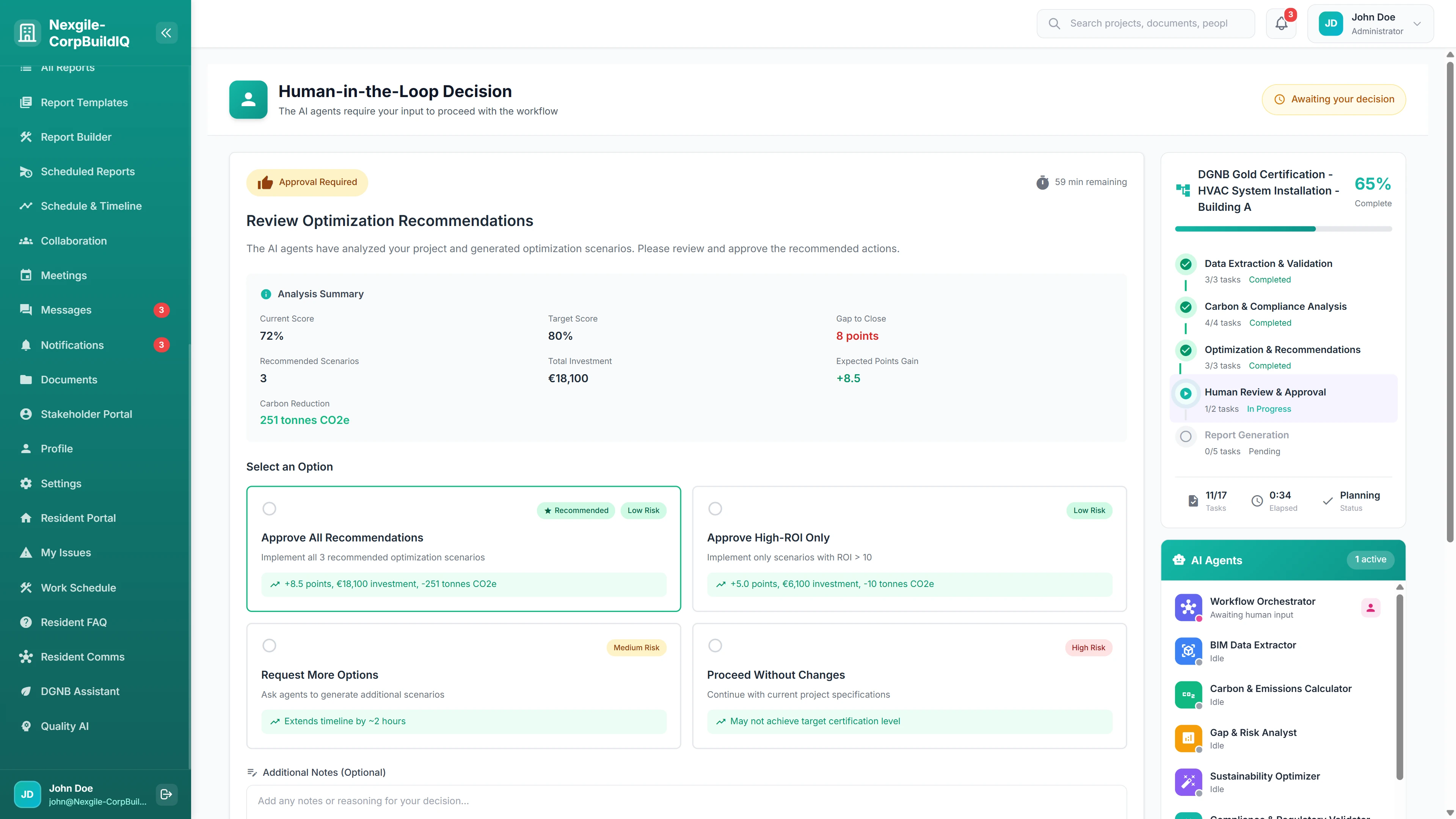 Illustrative preview (sample data, not verified outcomes): Human-in-the-Loop Decision - Review optimization recommendations with cost, carbon reduction, and ROI analysis
