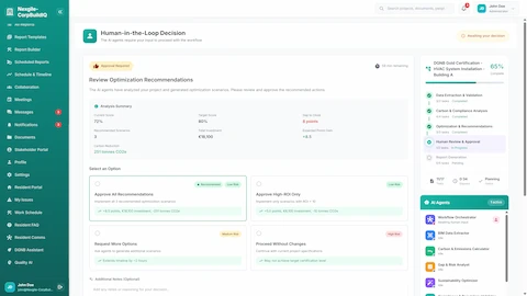 Illustrative preview (sample data, not verified outcomes): Human-in-the-Loop Decision - Review optimization recommendations with cost, carbon reduction, and ROI analysis