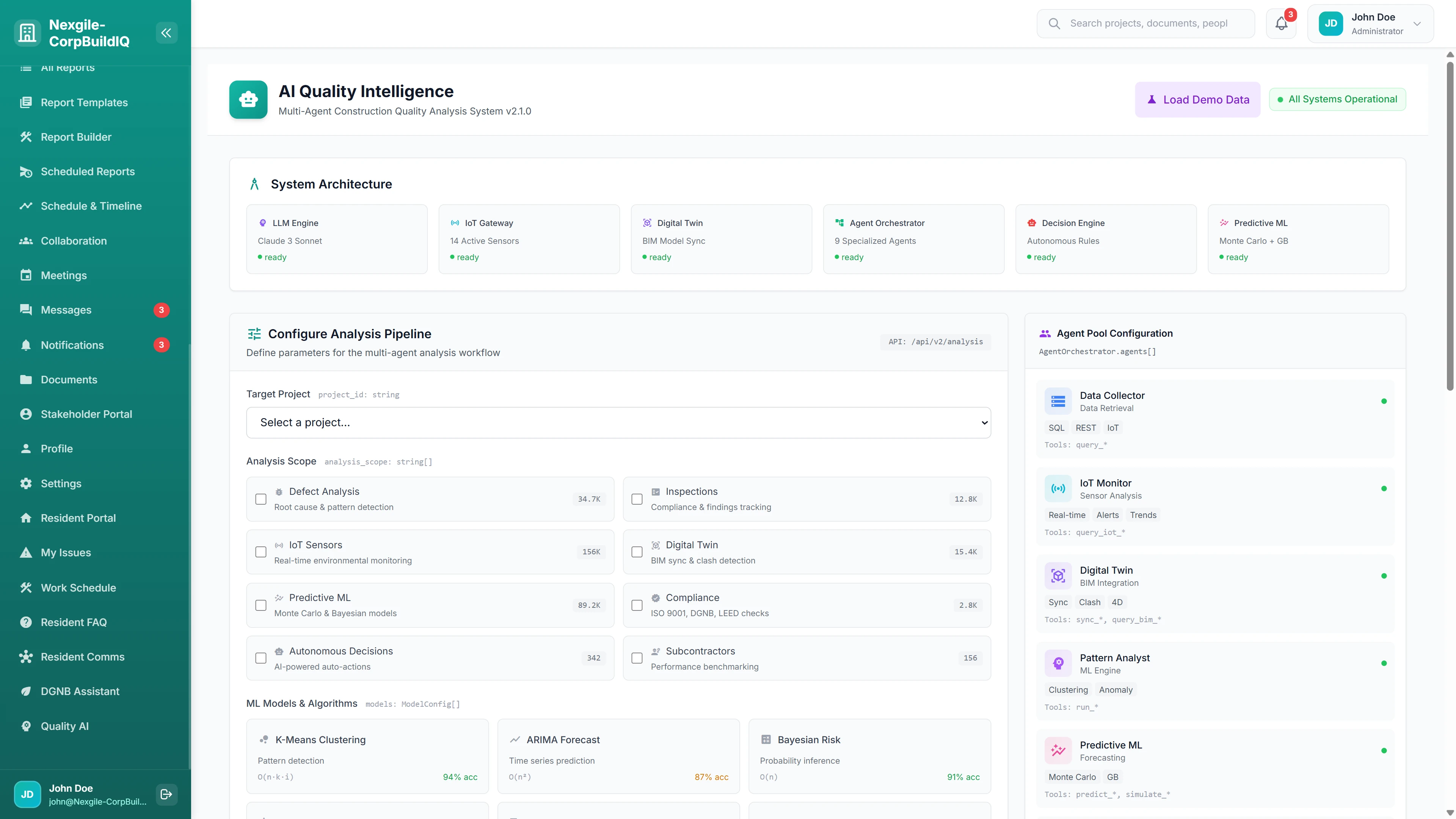 Illustrative preview (sample data, not verified outcomes): AI Quality Intelligence - System architecture with LLM, IoT Gateway, Digital Twin, and ML components; analysis pipeline configuration