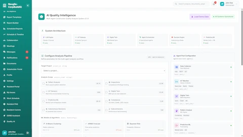 Illustrative preview (sample data, not verified outcomes): AI Quality Intelligence - System architecture with LLM, IoT Gateway, Digital Twin, and ML components; analysis pipeline configuration