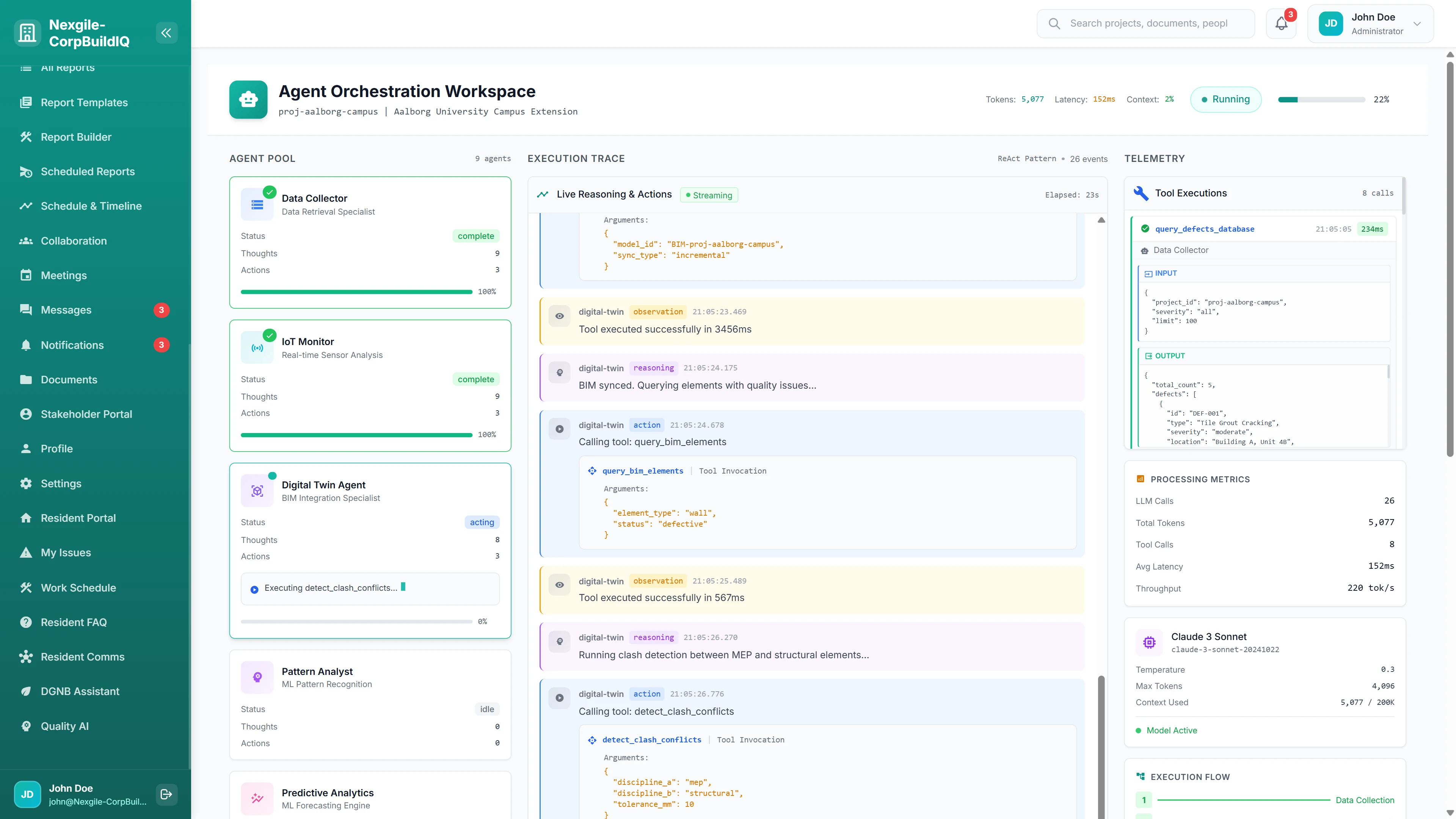 Illustrative preview (sample data, not verified outcomes): Agent Orchestration Workspace - Live execution trace showing Digital Twin BIM sync, clash detection, and processing metrics