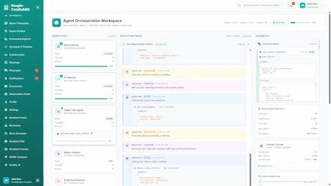 Illustrative preview (sample data, not verified outcomes): Agent Orchestration Workspace - Live execution trace showing Digital Twin BIM sync, clash detection, and processing metrics
