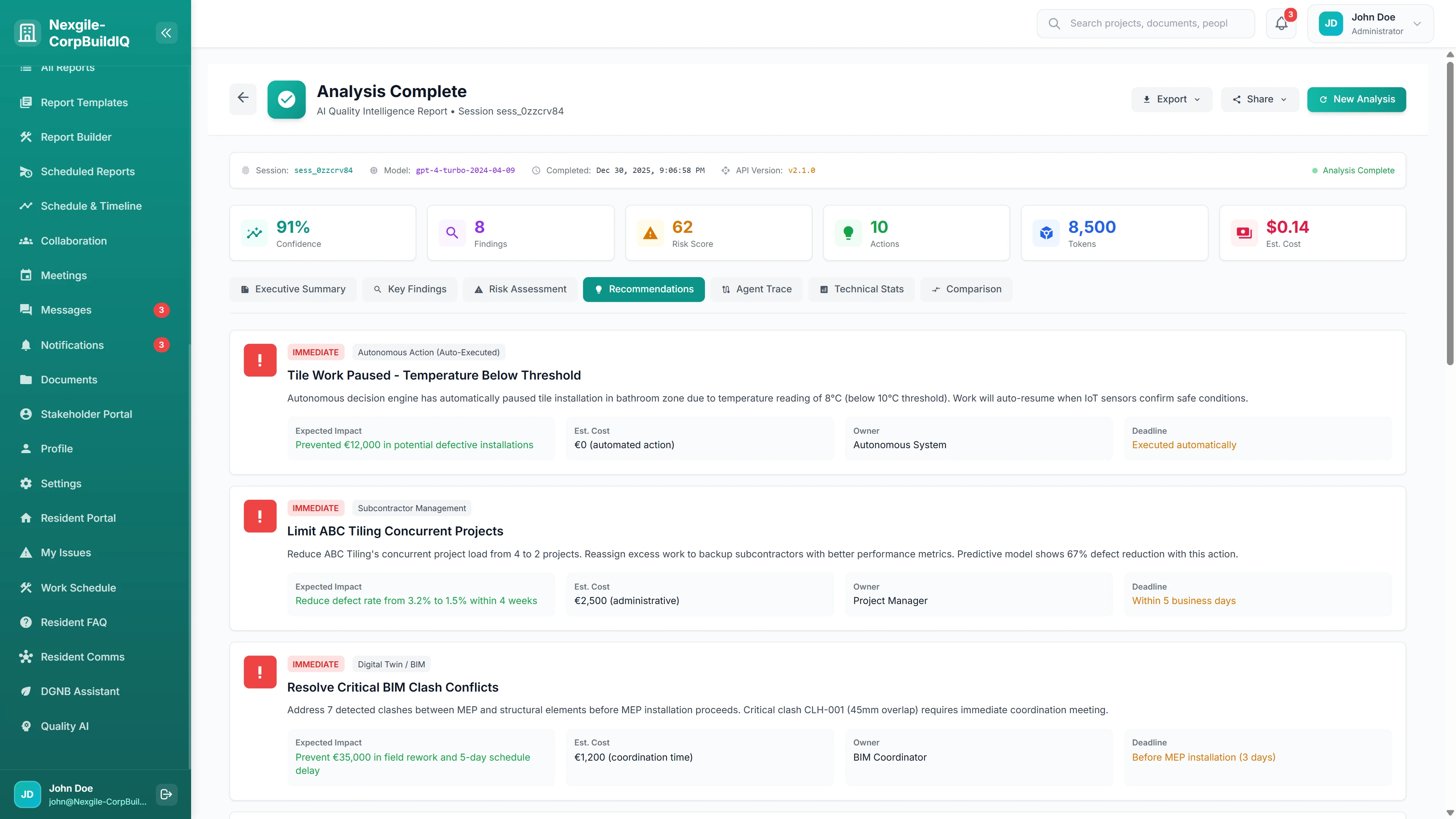 Illustrative preview (sample data, not verified outcomes): Recommendations Panel - Prioritized actions including auto-executed work pauses, subcontractor limits, and BIM clash resolutions