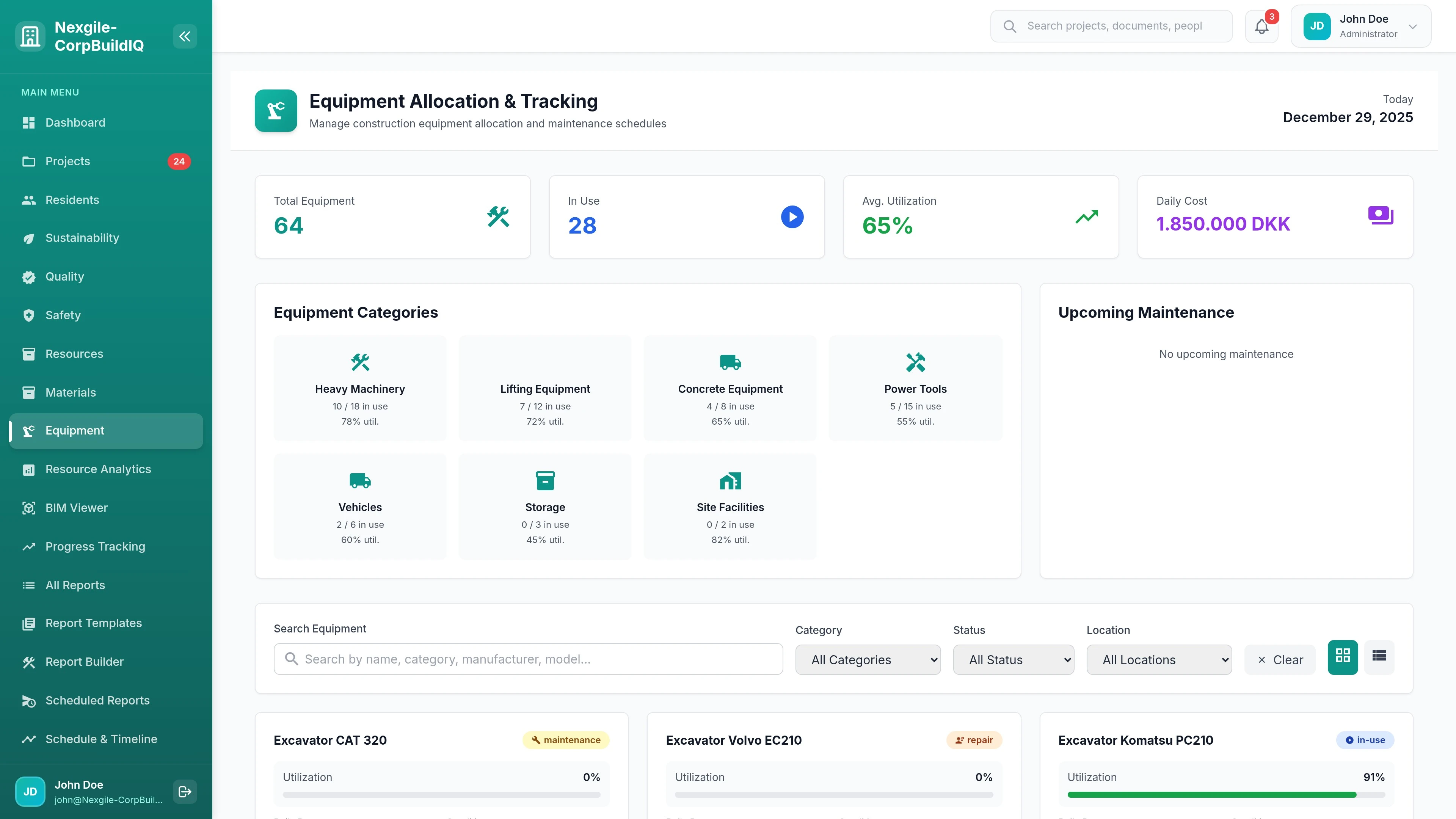 Illustrative preview (sample data, not verified outcomes): Equipment Management Portal - Main View