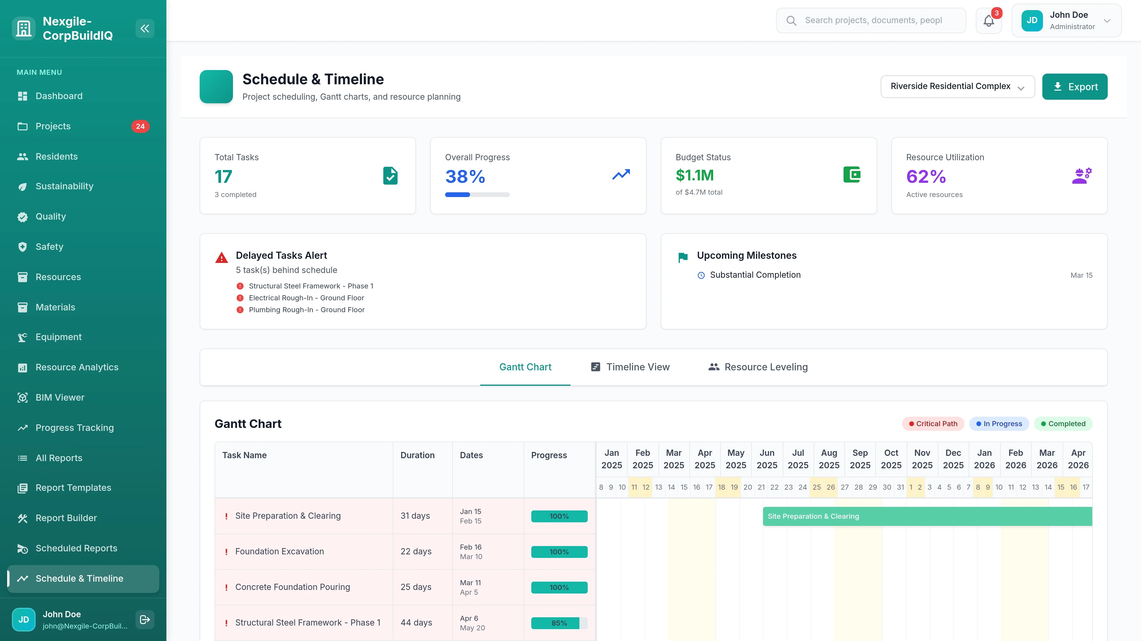 Illustrative preview (sample data, not verified outcomes): Location-based scheduling with Gantt chart visualization and milestone tracking