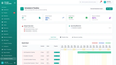 Illustrative preview (sample data, not verified outcomes): Location-based scheduling with Gantt chart visualization and milestone tracking
