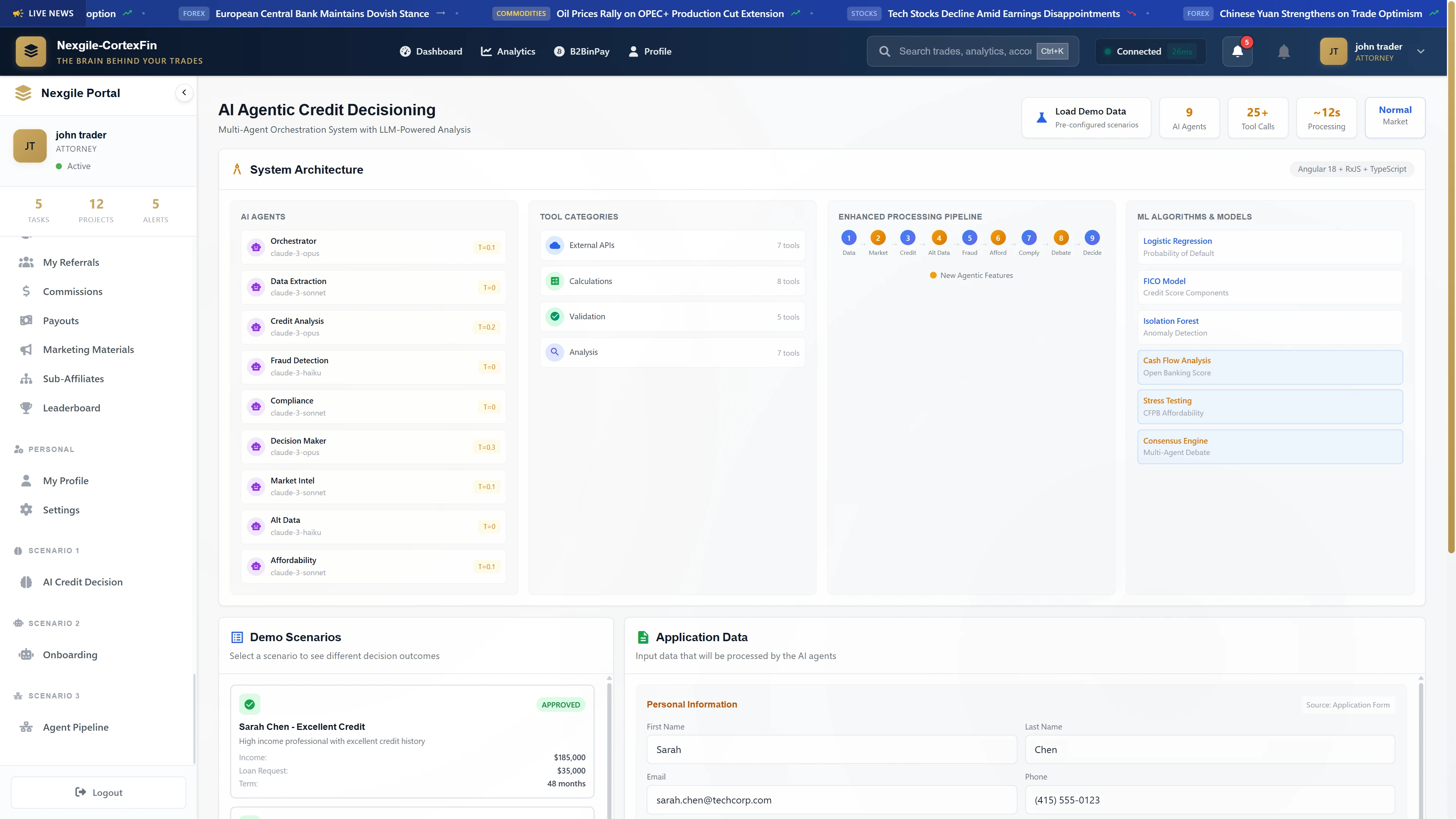 Illustrative preview (sample data, not verified outcomes): System Architecture - Multi-agent orchestration system showing AI agents, tool categories, enhanced processing pipeline, and ML algorithms & models for credit decisioning