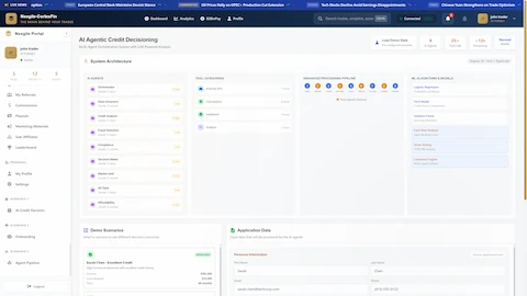 Illustrative preview (sample data, not verified outcomes): System Architecture - Multi-agent orchestration system showing AI agents, tool categories, enhanced processing pipeline, and ML algorithms & models for credit decisioning