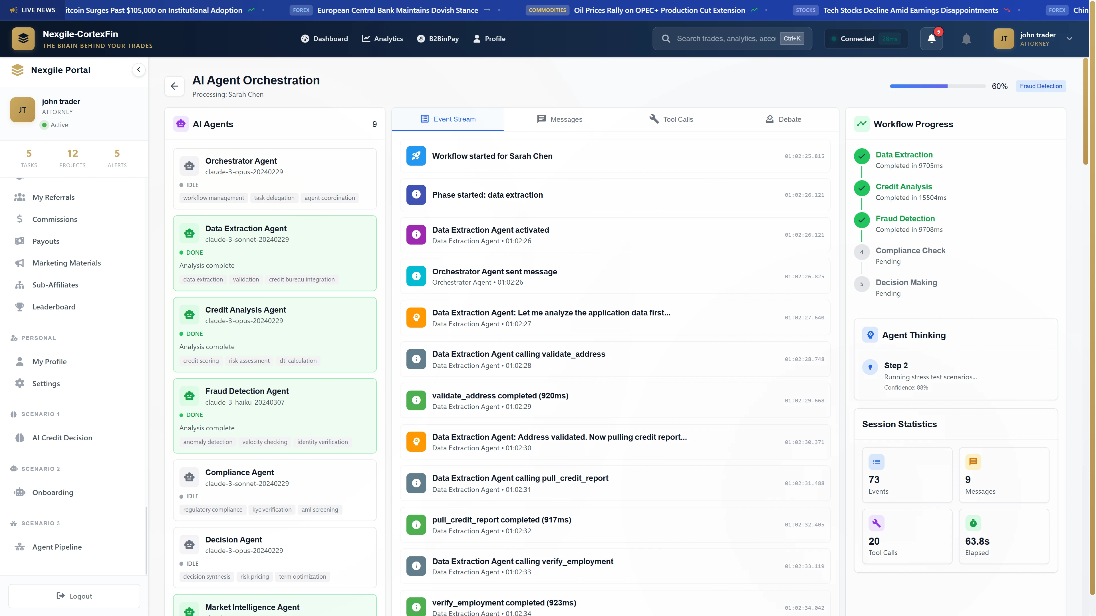 Illustrative preview (sample data, not verified outcomes): AI Agent Orchestration - Live processing view displaying event stream, workflow progress, agent collaboration, and real-time decision-making for loan application
