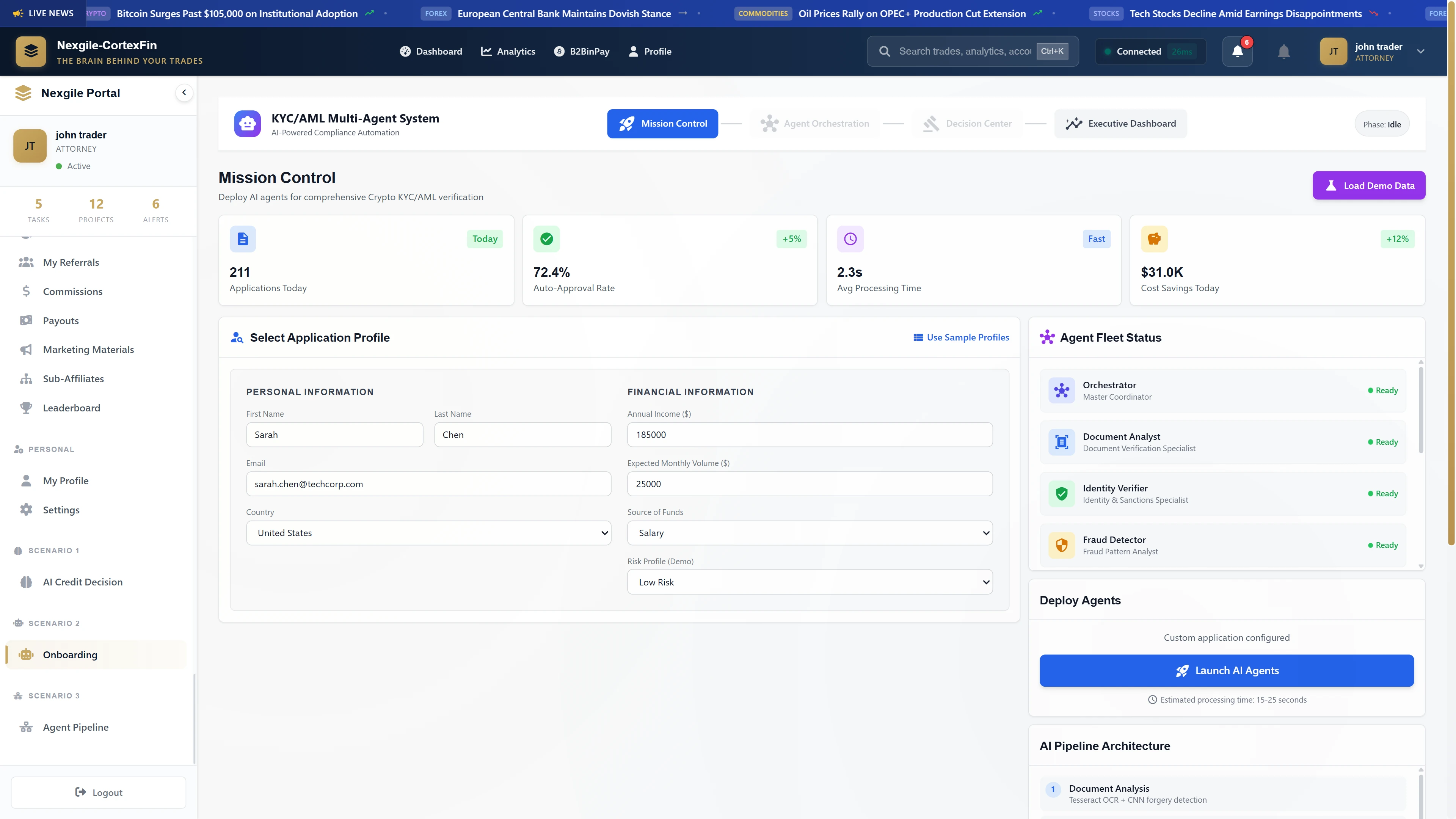 Illustrative preview (sample data, not verified outcomes): Mission Control Dashboard - KYC/AML operations overview showing performance metrics (211 applications, 72.4% auto-approval, 2.3s processing time), application profile form, and agent fleet status
