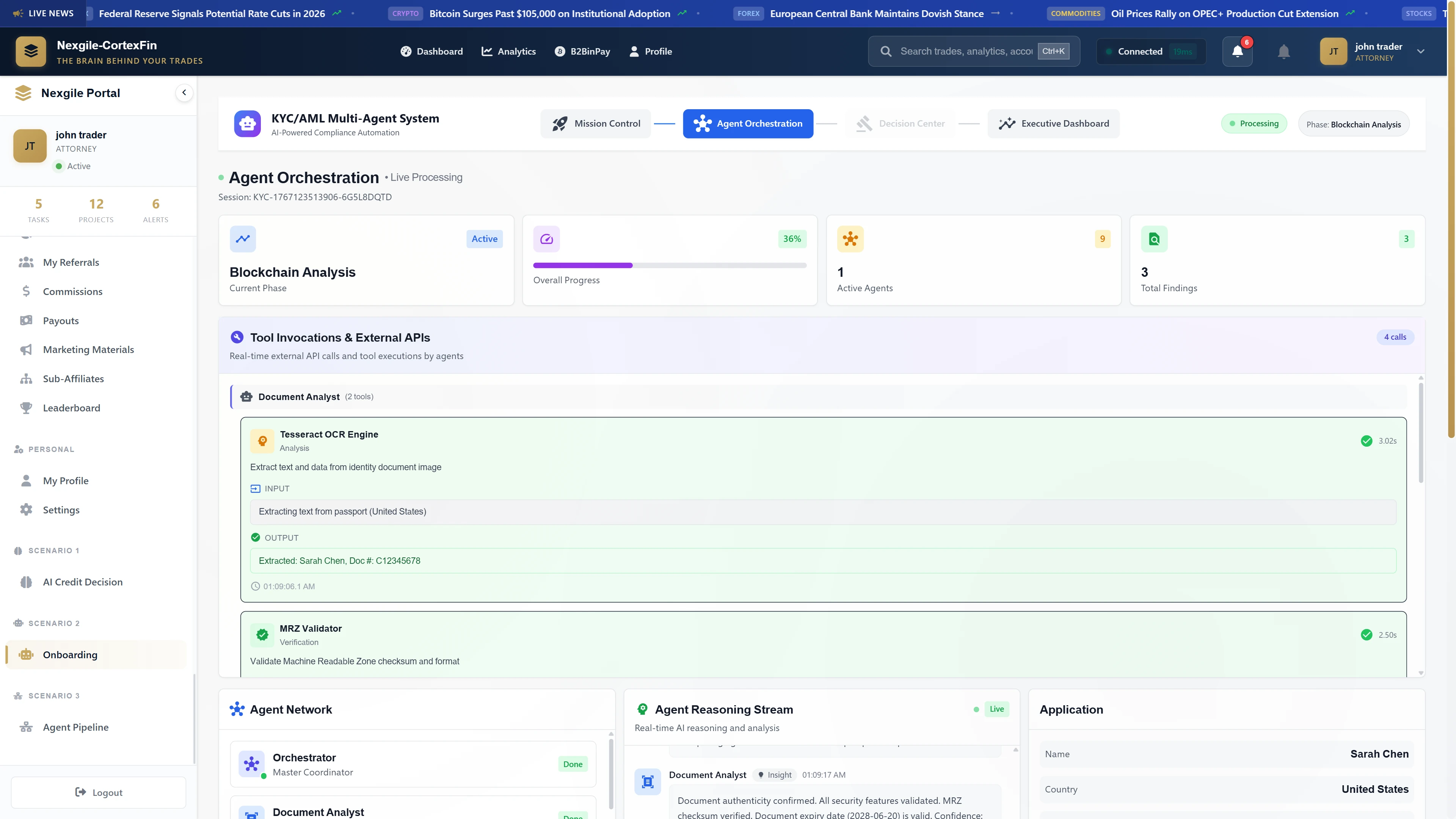 Illustrative preview (sample data, not verified outcomes): Agent Orchestration - Blockchain analysis phase displaying tool invocations (Tesseract OCR, MRZ Validator), agent network collaboration, and real-time reasoning stream for document verification
