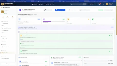 Illustrative preview (sample data, not verified outcomes): Agent Orchestration - Blockchain analysis phase displaying tool invocations (Tesseract OCR, MRZ Validator), agent network collaboration, and real-time reasoning stream for document verification