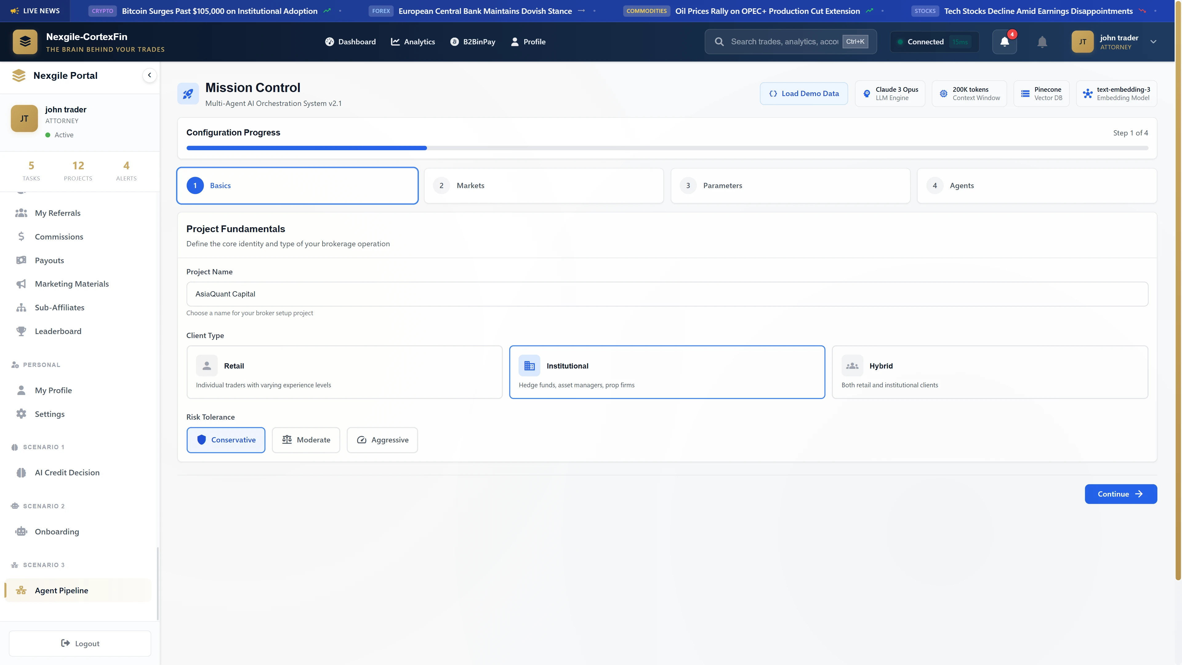 Illustrative preview (sample data, not verified outcomes): Mission Control Configuration - Project setup wizard displaying basics configuration step with project fundamentals (AsiaQuant Capital, Institutional client type, Conservative risk tolerance)