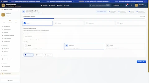 Illustrative preview (sample data, not verified outcomes): Mission Control Configuration - Project setup wizard displaying basics configuration step with project fundamentals (AsiaQuant Capital, Institutional client type, Conservative risk tolerance)