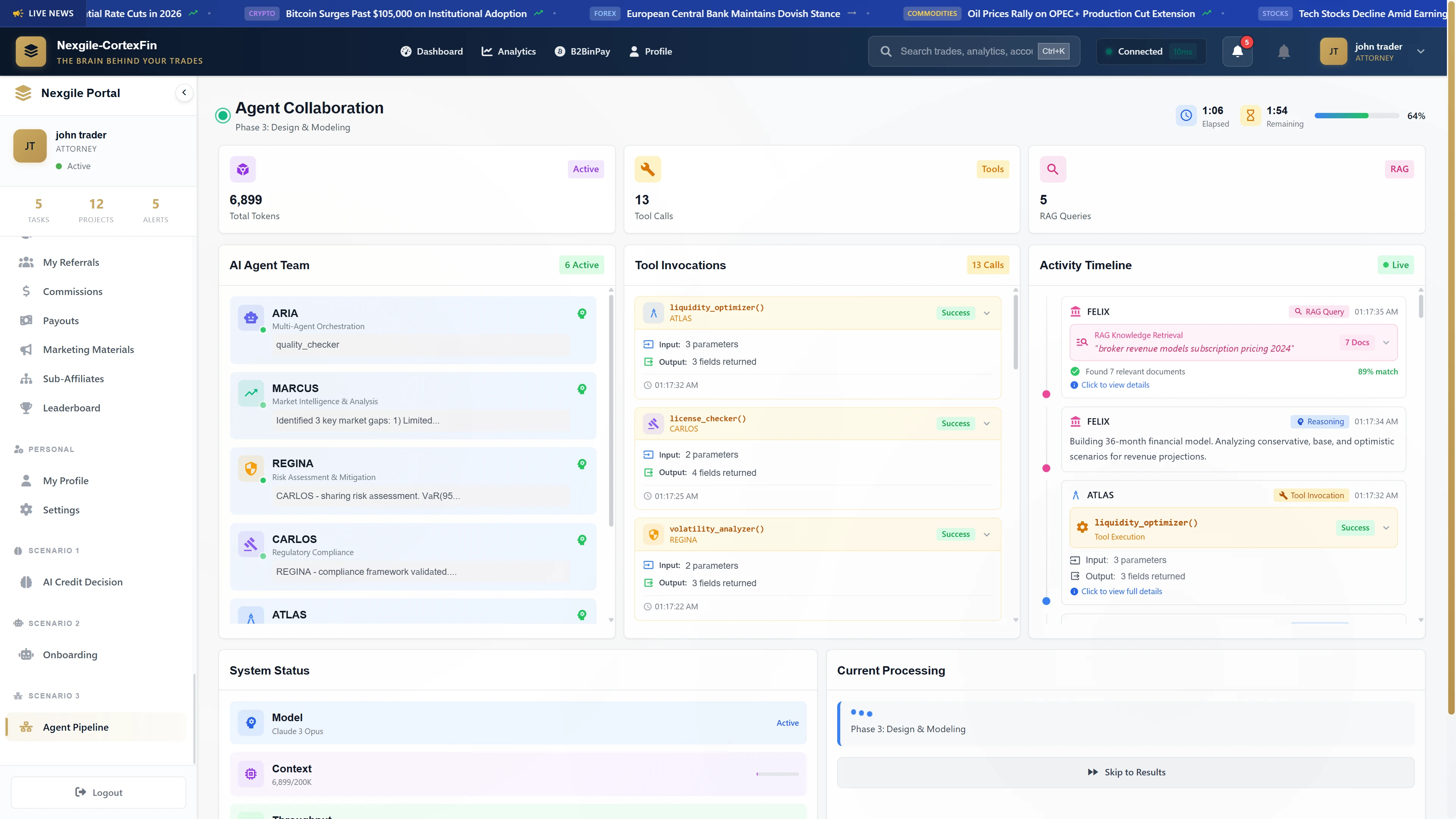 Illustrative preview (sample data, not verified outcomes): Agent Collaboration In Progress - Multi-agent team (ARIA, MARCUS, REGINA, CARLOS, ATLAS, FELIX) working collaboratively with real-time tool invocations and activity timeline showing RAG queries and reasoning phases