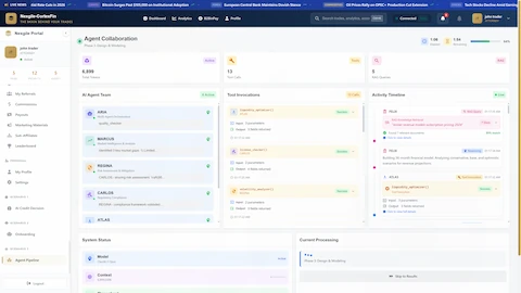 Illustrative preview (sample data, not verified outcomes): Agent Collaboration In Progress - Multi-agent team (ARIA, MARCUS, REGINA, CARLOS, ATLAS, FELIX) working collaboratively with real-time tool invocations and activity timeline showing RAG queries and reasoning phases