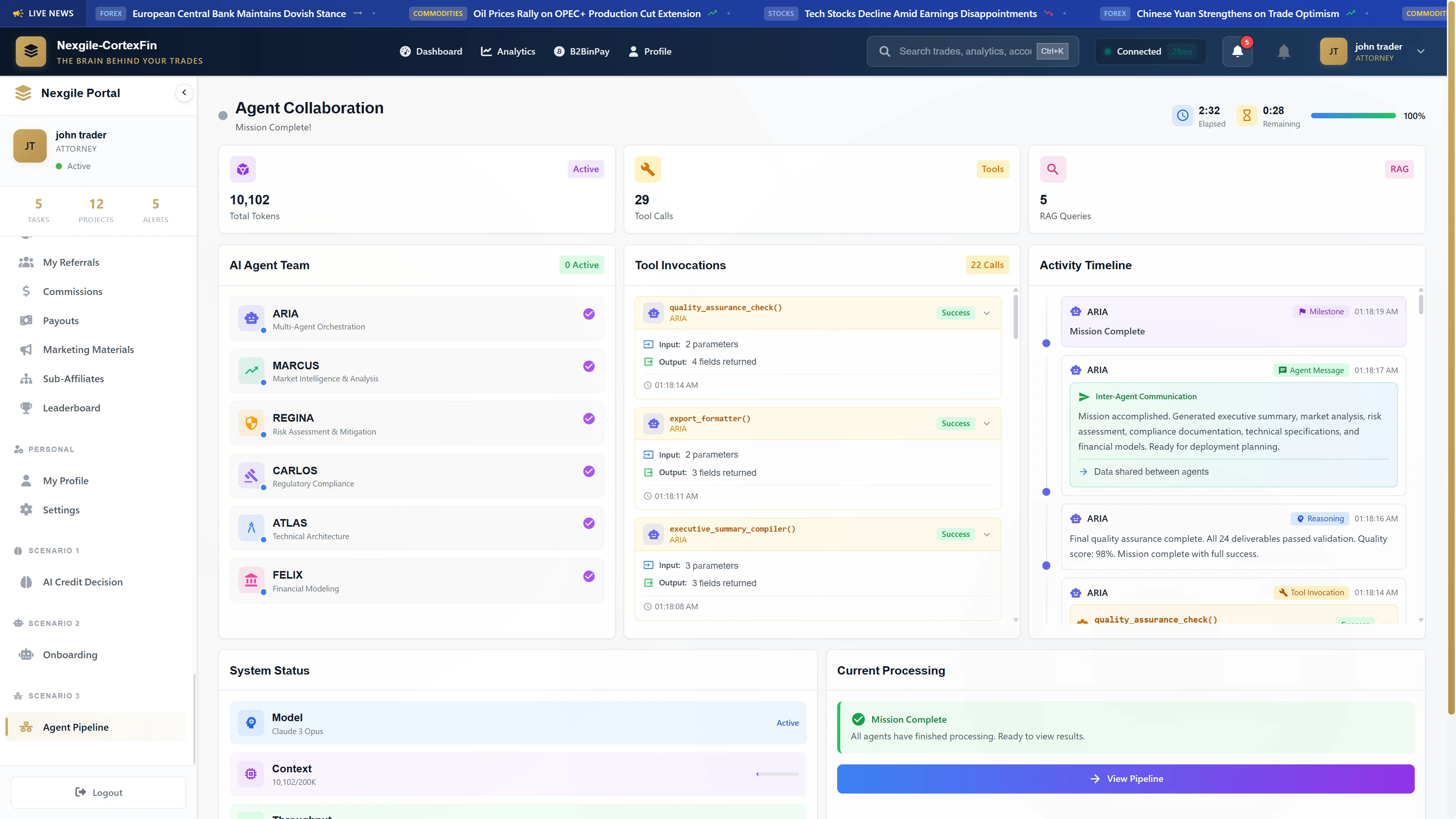 Illustrative preview (sample data, not verified outcomes): Agent Collaboration Complete - Mission completion view showing all six agents finished (purple checkmarks), comprehensive statistics (10,102 tokens, 29 tool calls, 5 RAG queries), and final quality assurance confirmation