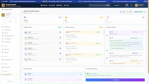Illustrative preview (sample data, not verified outcomes): Agent Collaboration Complete - Mission completion view showing all six agents finished (purple checkmarks), comprehensive statistics (10,102 tokens, 29 tool calls, 5 RAG queries), and final quality assurance confirmation