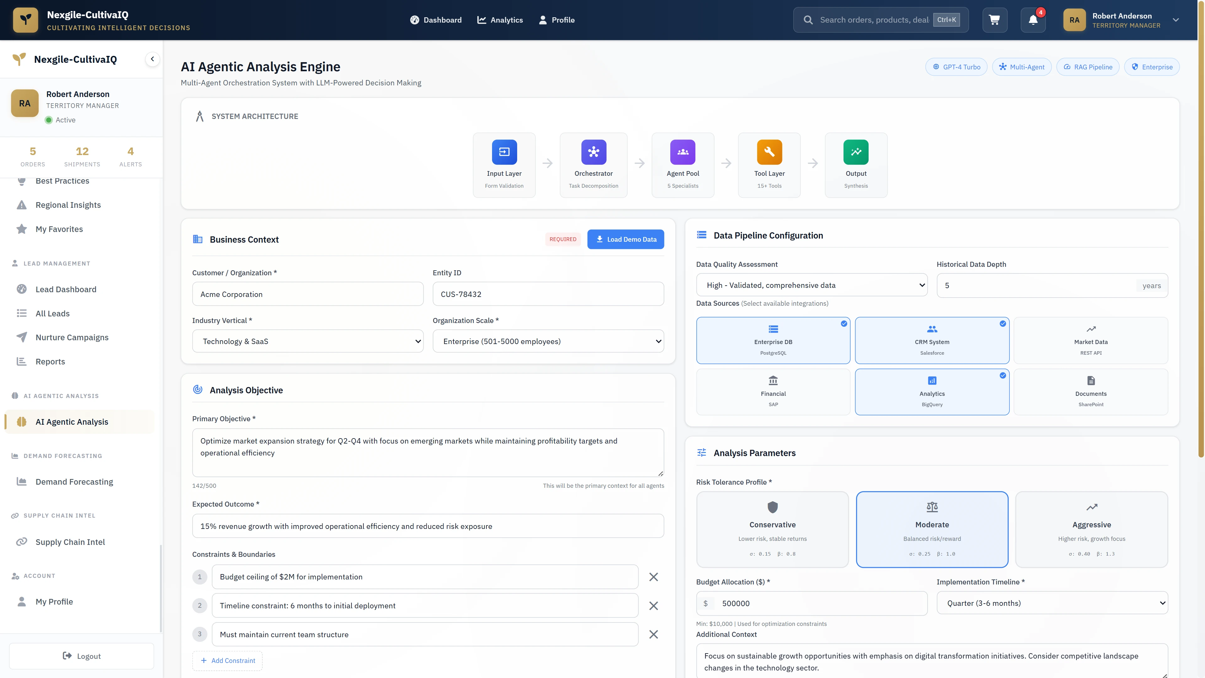 Illustrative preview (sample data, not verified outcomes): Initial configuration interface for multi-agent business analysis showing system architecture, business context setup, and analysis parameters
