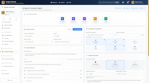 Illustrative preview (sample data, not verified outcomes): Initial configuration interface for multi-agent business analysis showing system architecture, business context setup, and analysis parameters
