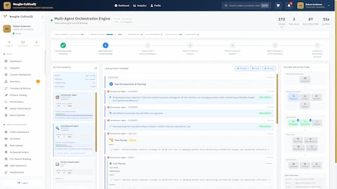 Illustrative preview (sample data, not verified outcomes): Real-time multi-agent orchestration in progress with live activity stream showing agent task execution and performance metrics