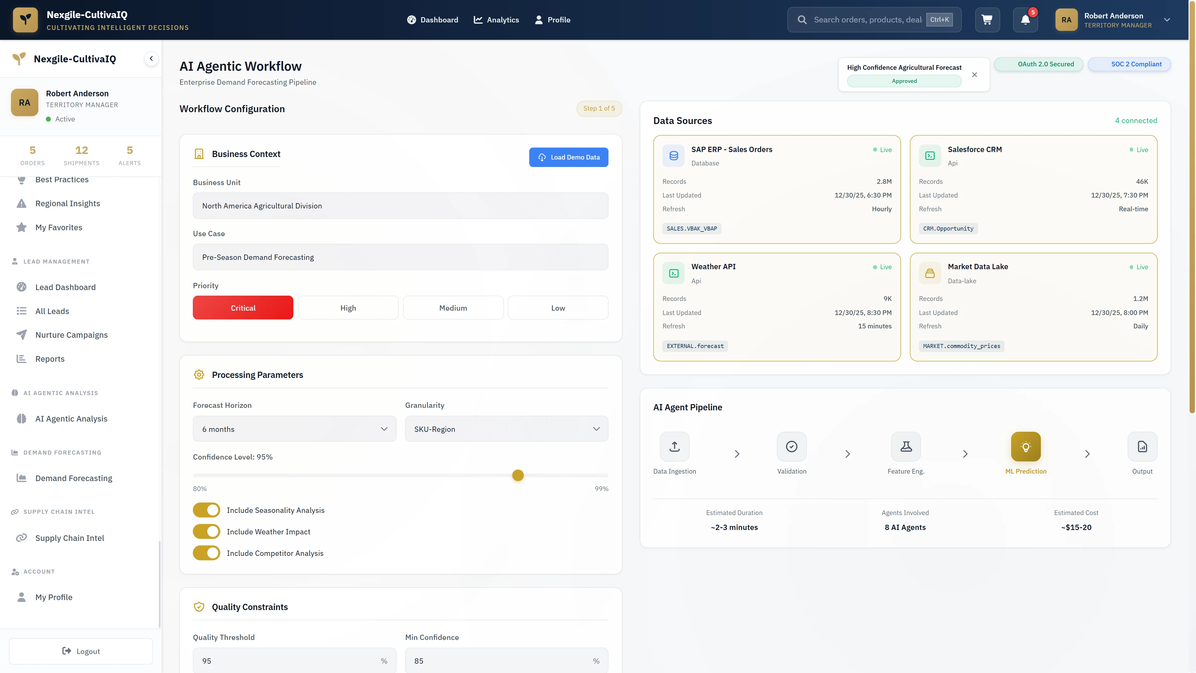 Illustrative preview (sample data, not verified outcomes): Enterprise AI workflow configuration for demand forecasting with data source connections, processing parameters, and agent pipeline setup