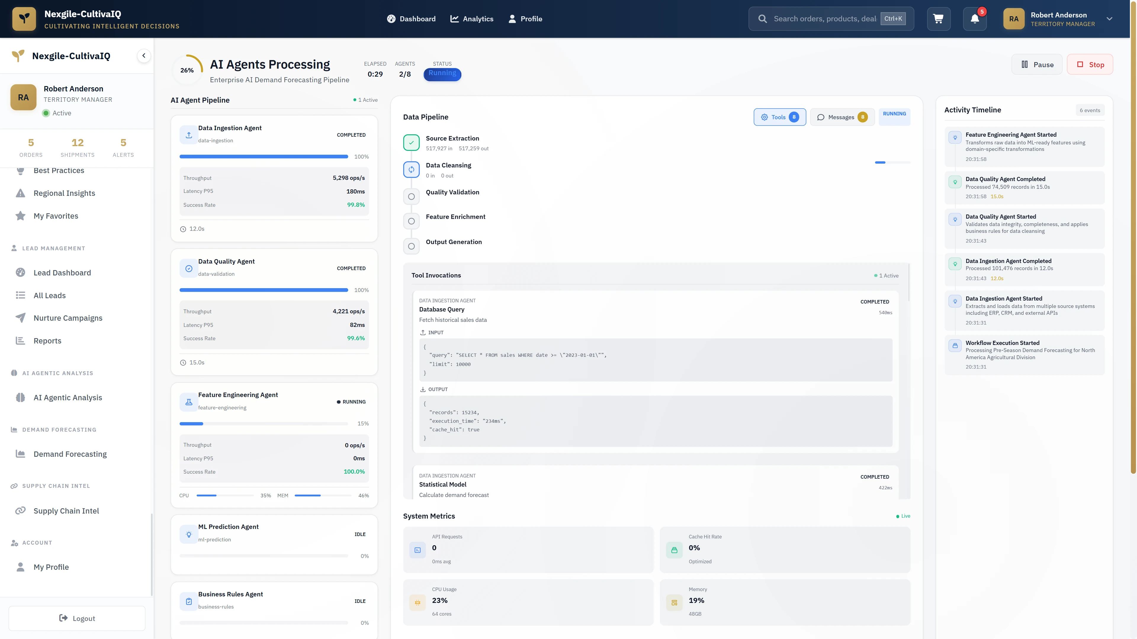 Illustrative preview (sample data, not verified outcomes): AI agents processing view showing real-time execution progress, data pipeline stages, tool invocations, and system performance metrics