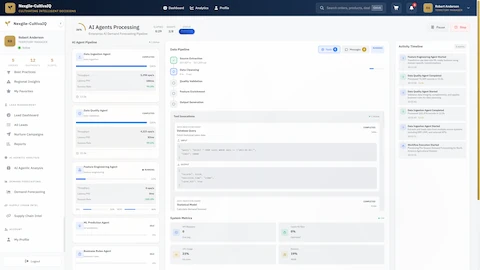 Illustrative preview (sample data, not verified outcomes): AI agents processing view showing real-time execution progress, data pipeline stages, tool invocations, and system performance metrics