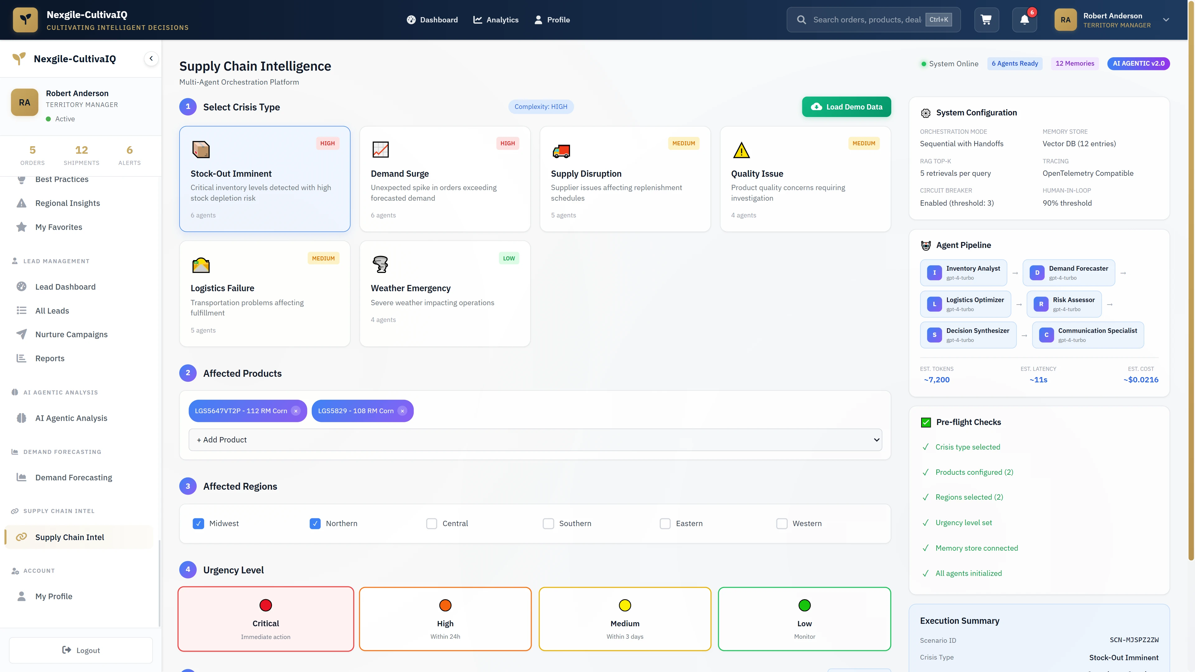 Illustrative preview (sample data, not verified outcomes): Crisis management configuration interface for selecting crisis type, affected products/regions, urgency level, and agent pipeline initialization