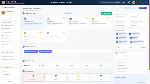 Illustrative preview (sample data, not verified outcomes): Crisis management configuration interface for selecting crisis type, affected products/regions, urgency level, and agent pipeline initialization