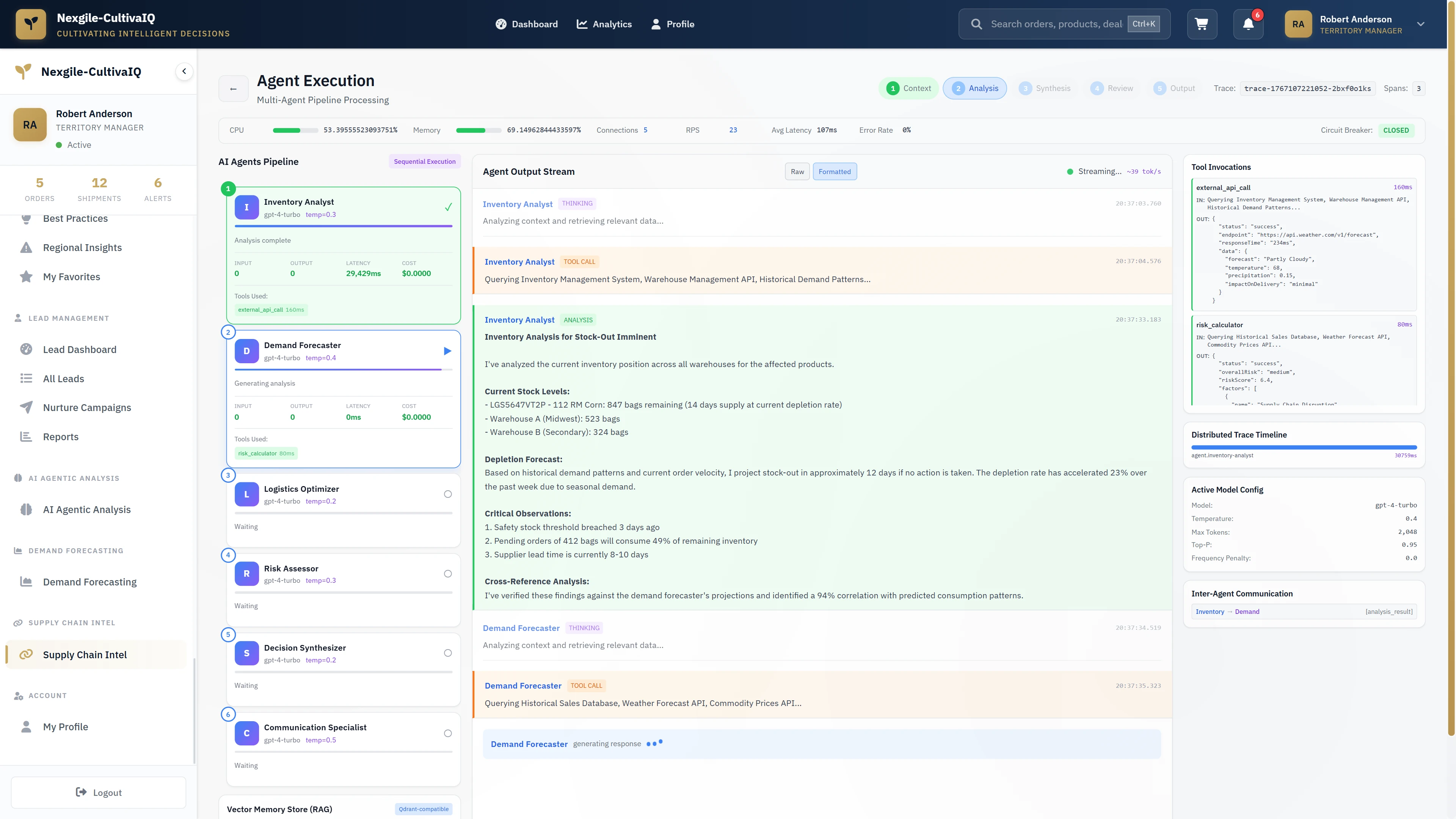 Illustrative preview (sample data, not verified outcomes): Live agent execution showing sequential multi-agent pipeline processing with real-time output streams and distributed tracing