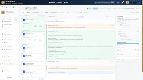 Illustrative preview (sample data, not verified outcomes): Live agent execution showing sequential multi-agent pipeline processing with real-time output streams and distributed tracing