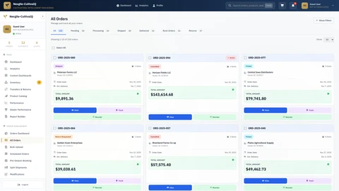 Illustrative preview (sample data, not verified outcomes): Orders List - Order management interface showing active orders