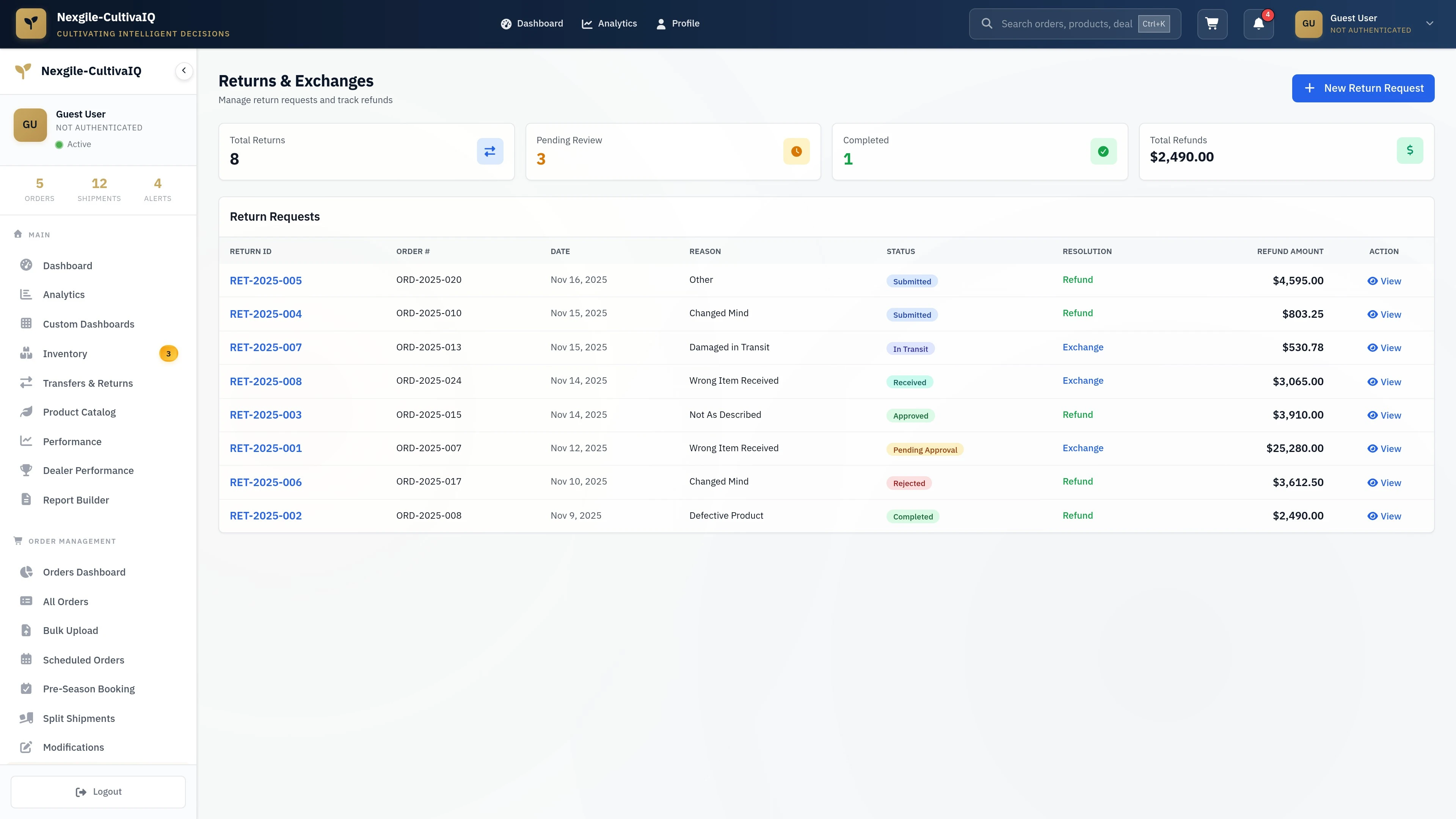 Illustrative preview (sample data, not verified outcomes): Order Returns Management - View and process return requests with detailed order information