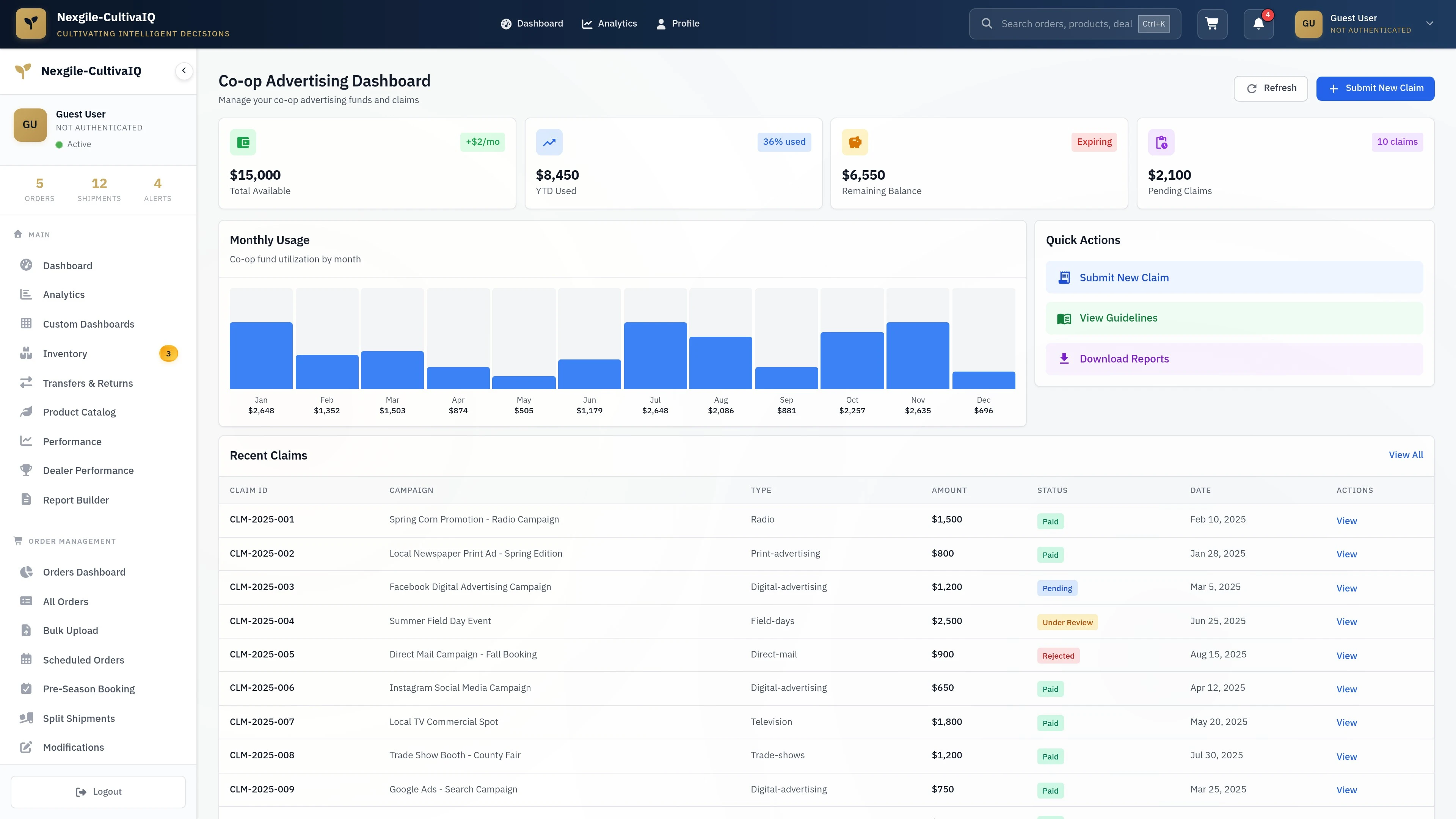 Illustrative preview (sample data, not verified outcomes): Co-op Marketing and Advertising Program interface