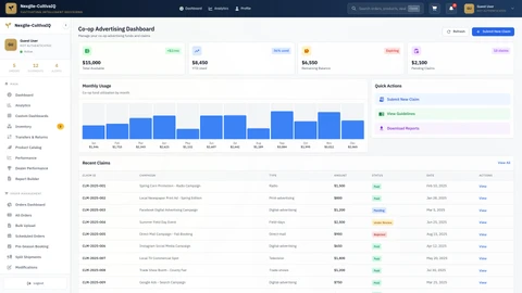Illustrative preview (sample data, not verified outcomes): Co-op Marketing and Advertising Program interface