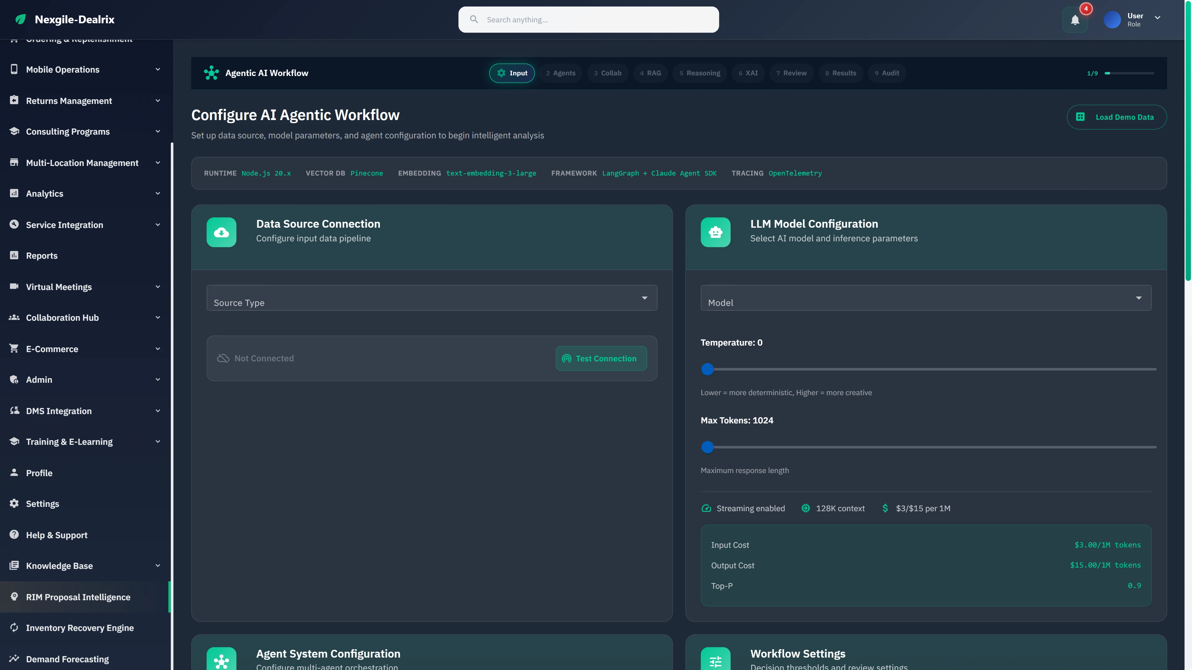 Illustrative preview (sample data, not verified outcomes): Configure AI Agentic Workflow with data source connections, LLM model parameters (temperature, max tokens), and agent system orchestration settings.
