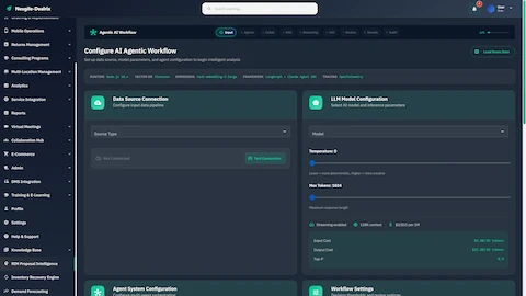 Illustrative preview (sample data, not verified outcomes): Configure AI Agentic Workflow with data source connections, LLM model parameters (temperature, max tokens), and agent system orchestration settings.
