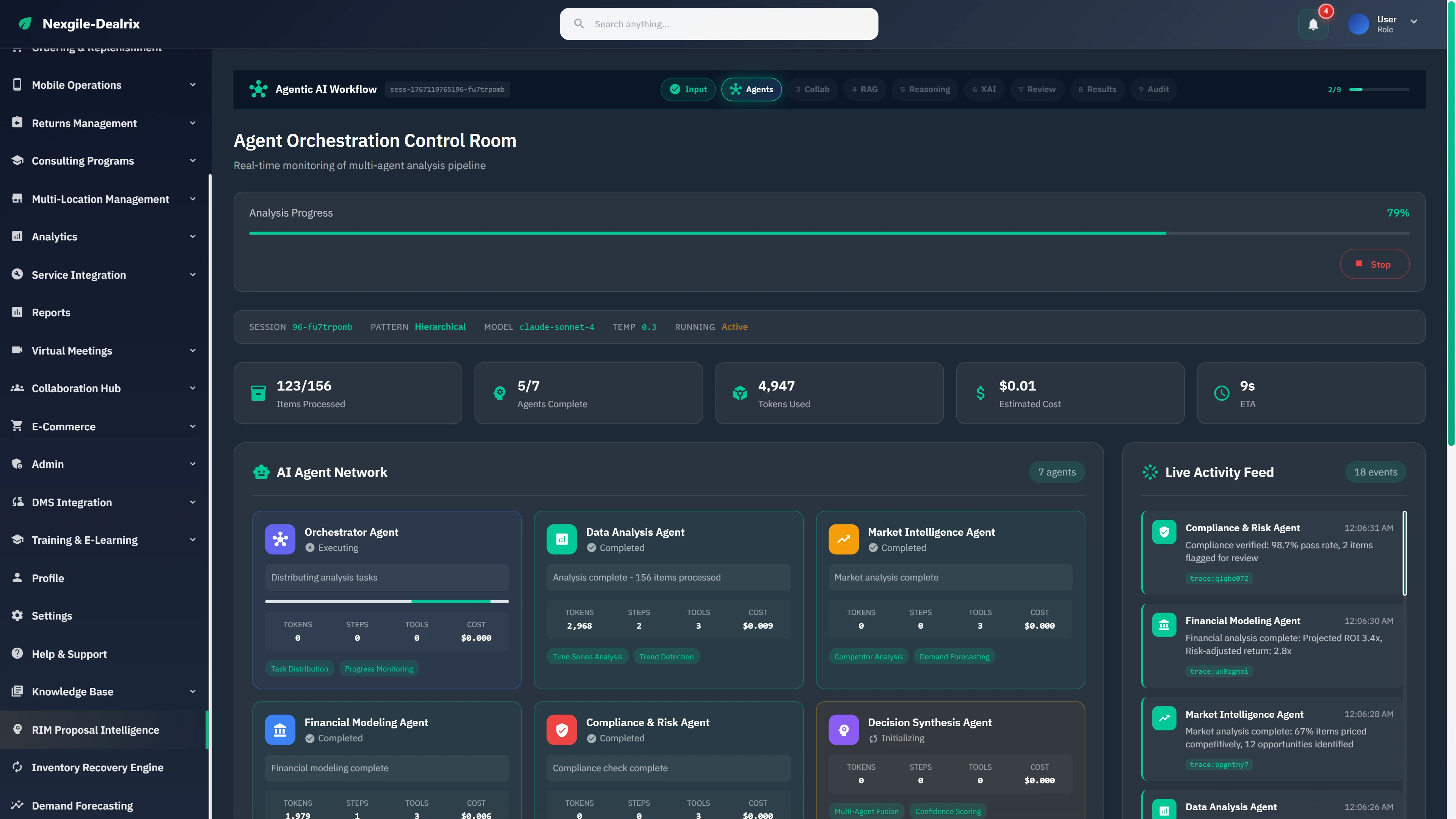 Illustrative preview (sample data, not verified outcomes): Agent Orchestration Control Room displaying real-time multi-agent monitoring, progress tracking across 7 specialized agents, and live activity feed.
