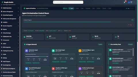 Illustrative preview (sample data, not verified outcomes): Agent Orchestration Control Room displaying real-time multi-agent monitoring, progress tracking across 7 specialized agents, and live activity feed.