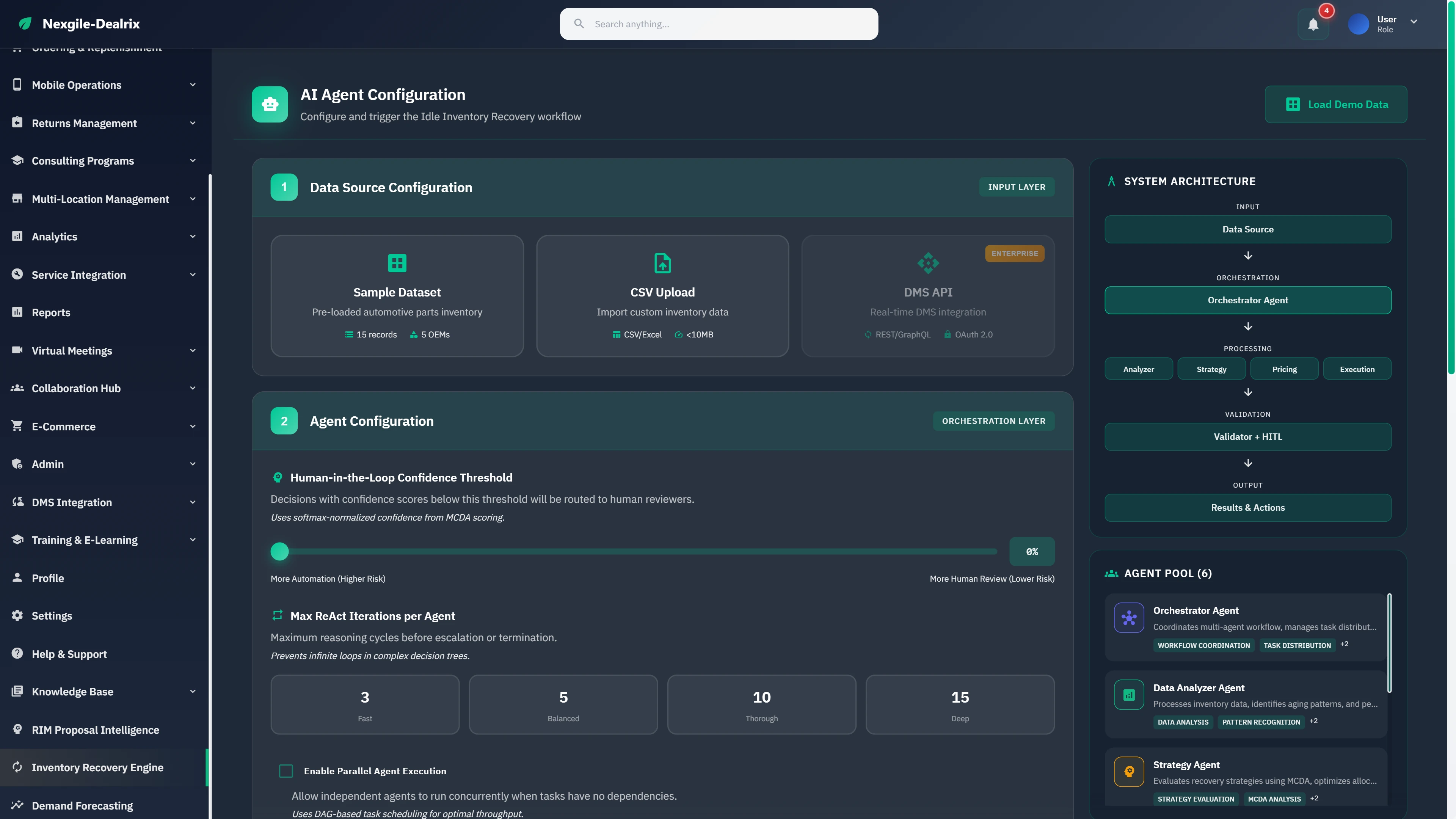 Illustrative preview (sample data, not verified outcomes): AI Agent Configuration for Idle Inventory Recovery with data source options, human-in-the-loop confidence thresholds, and 6-agent pool architecture.