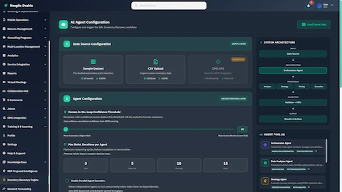 Illustrative preview (sample data, not verified outcomes): AI Agent Configuration for Idle Inventory Recovery with data source options, human-in-the-loop confidence thresholds, and 6-agent pool architecture.