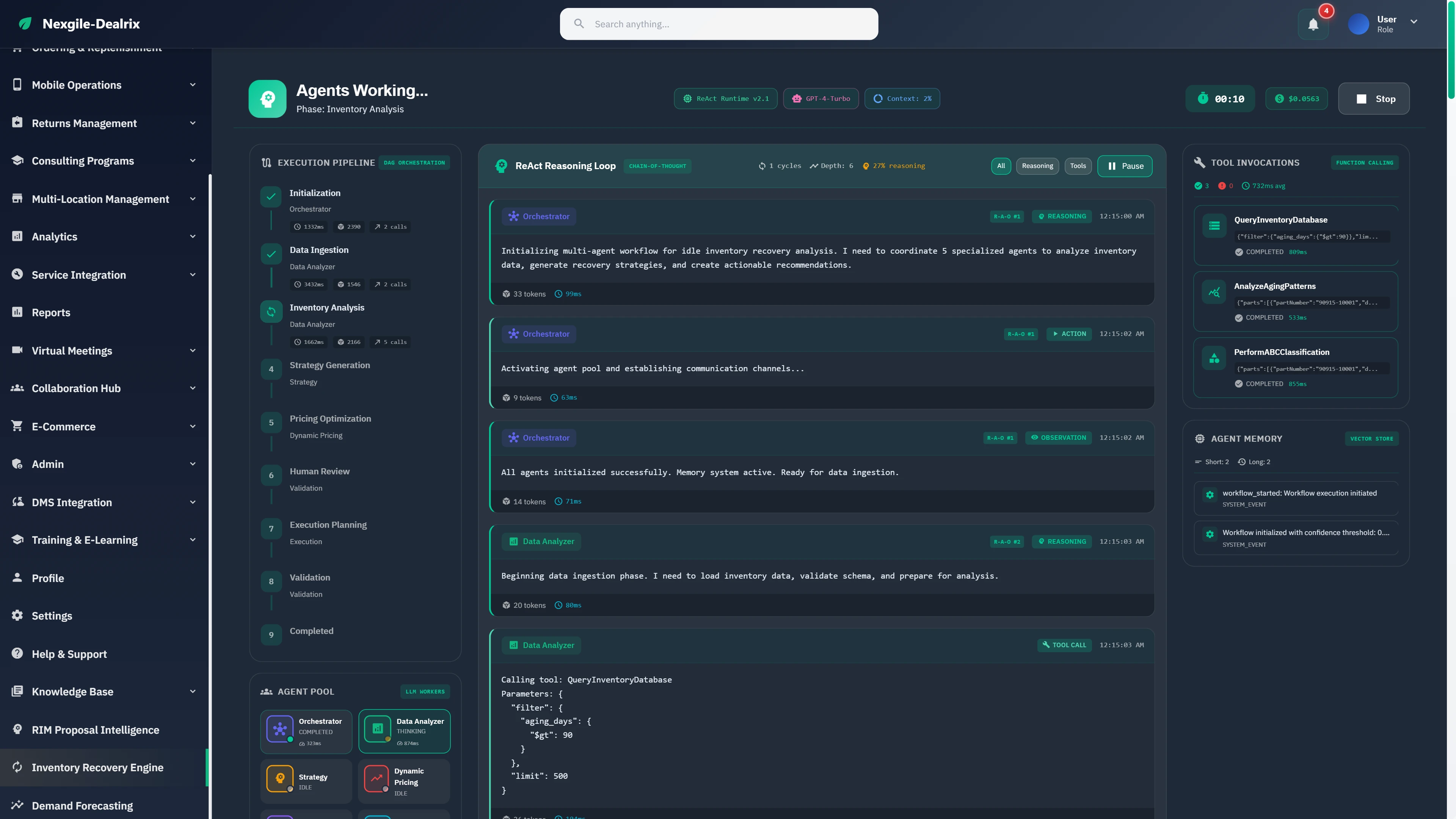 Illustrative preview (sample data, not verified outcomes): Agents Working view showing ReAct reasoning loop with chain-of-thought processing, execution pipeline stages, tool invocations, and agent memory.